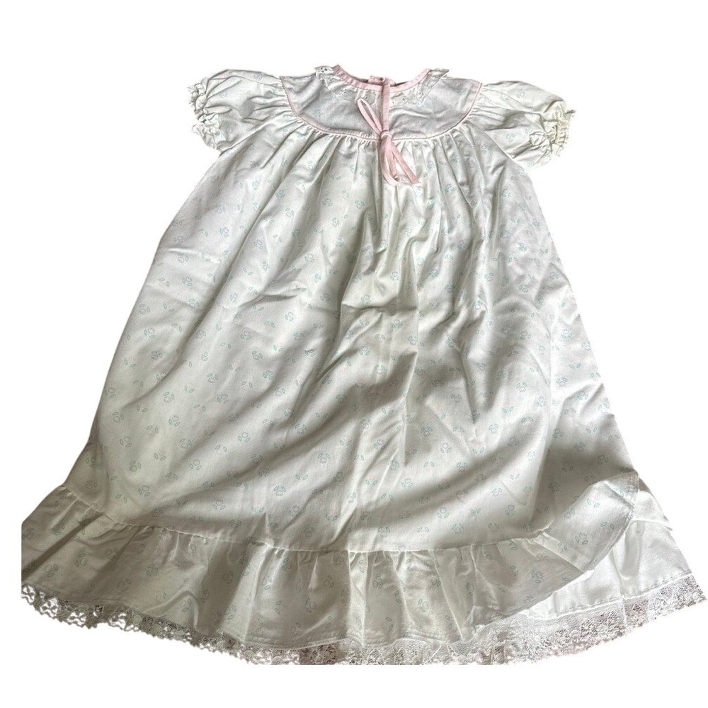 Vintage‎ Baby Girls Floral Nightgown White Pink Lace Trim Ruffle 6 Months USA